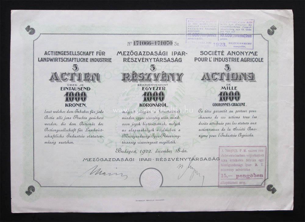 Mezõgazdasági Ipar Rt. részvény 5x1000 korona 1922